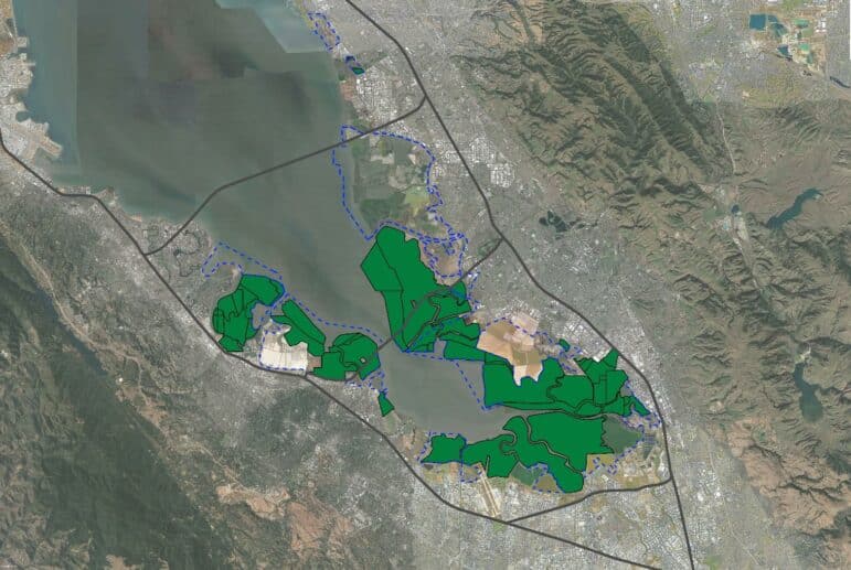 Don Edwards San Francisco Bay National Wildlife Refuge (Refuge) Expansion Boundary Map. The dashed blue line denotes the expansion boundary line, and the dark green areas are lands already owned by the Refuge.